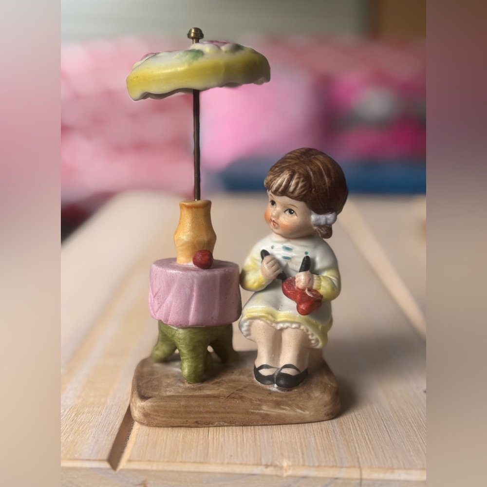 1950s Ceramic Girl Figurine Knitting w/ Removable Umbrella Hand-Painted Decor